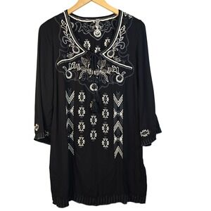 Monoreno Black‎ Embroidered Tunic Top Boho Aztec Geometric Tassels Size S